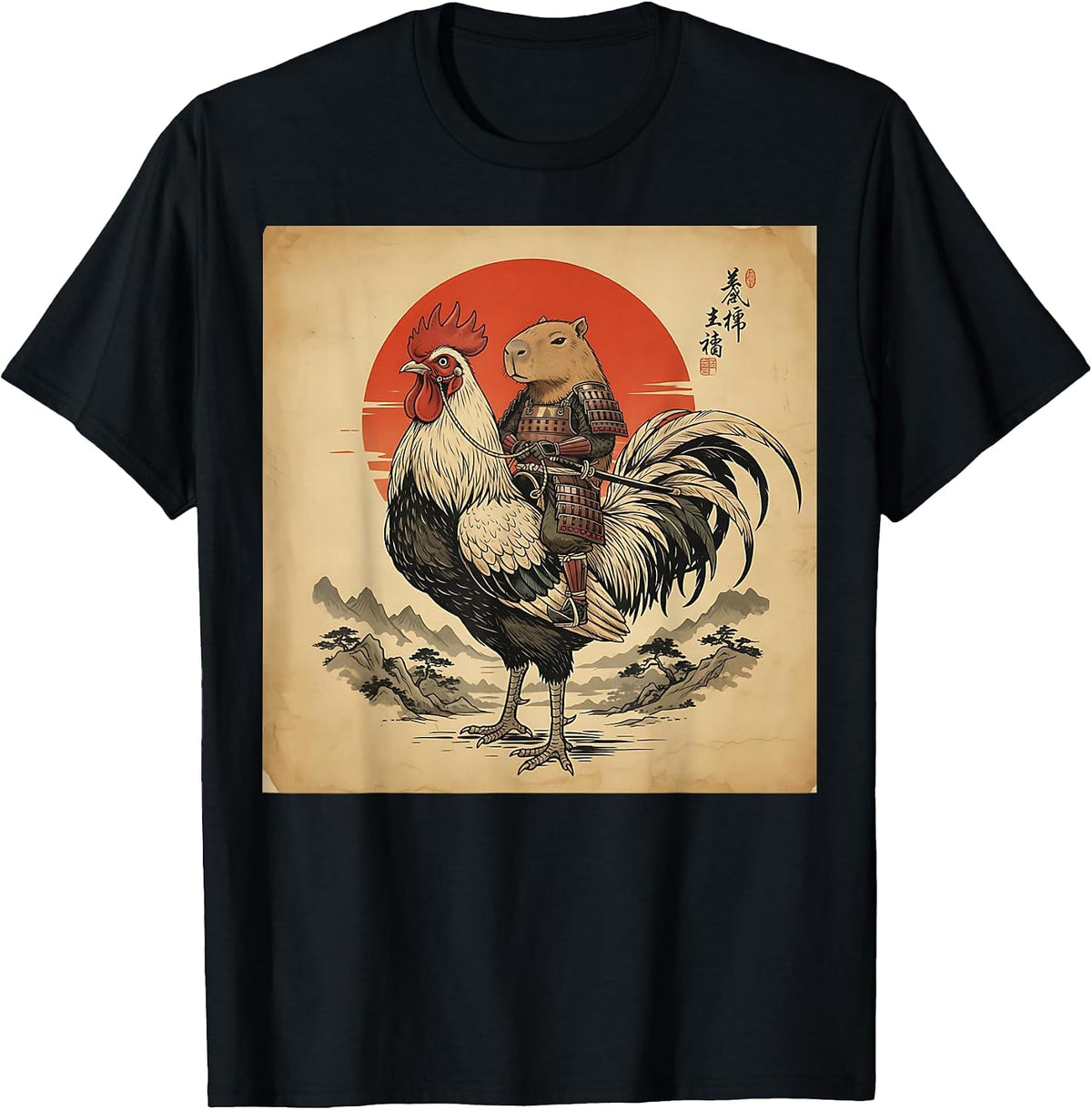 Vintage Japanese Samurai Capybara Rooster Chicken Anime Kids T-Shirt