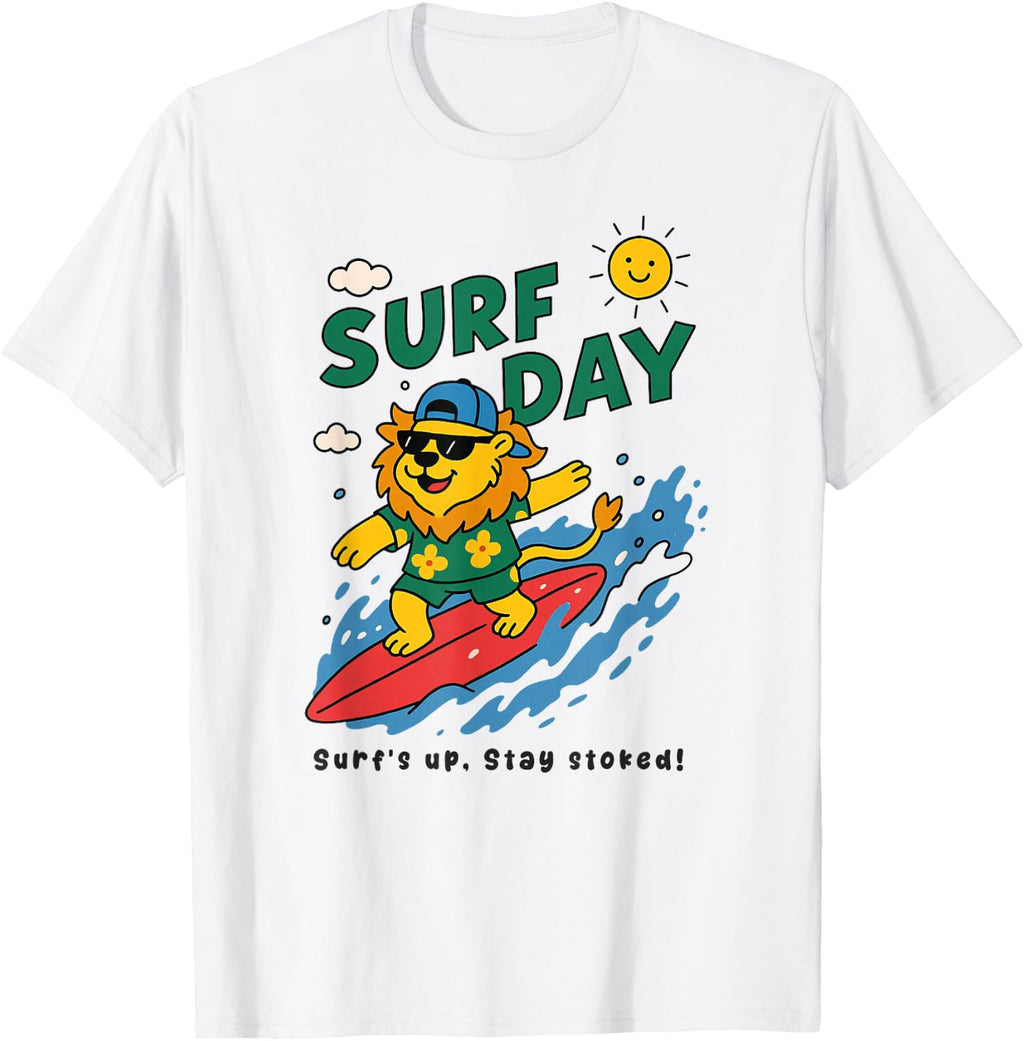 Funny Lion Surfing Summer Vacation Surf Day Boys Girls T-Shirt