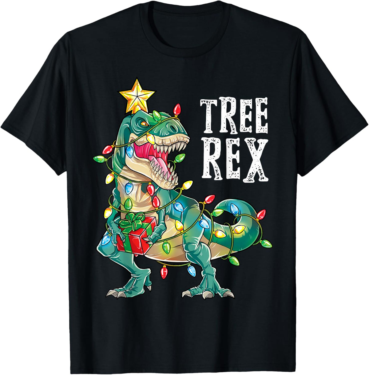 Dinosaur Christmas Tree Rex Pajamas Men Boys Xmas Lights T-Shirt Small
